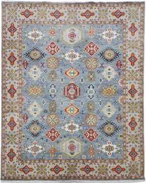 Kazak rug, handwoven wool rug, traditional geometric design, luxury area rug, blue and red rug, modern classic home decor, cultural heritage rug, durable and soft wool rug, intricate border rug, hand-knotted Kazak.