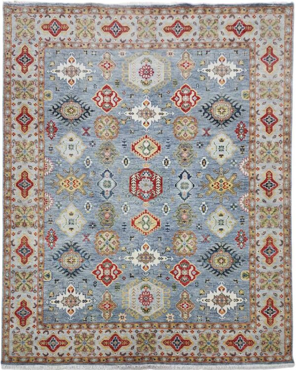 Kazak rug, handwoven wool rug, traditional geometric design, luxury area rug, blue and red rug, modern classic home decor, cultural heritage rug, durable and soft wool rug, intricate border rug, hand-knotted Kazak.